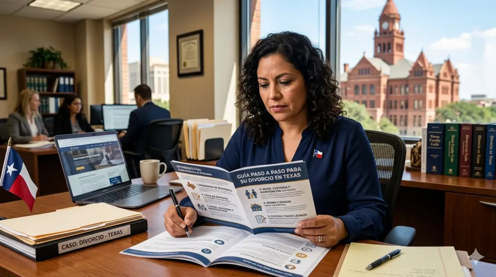 Mujer revisando una guía con pasos básicos de un divorcio en Texas en una oficina legal.