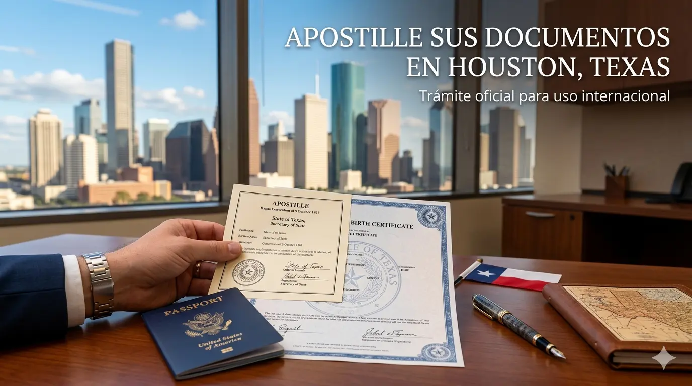 Apostilla de documentos en Houston, Texas con certificado, acta de nacimiento y pasaporte sobre escritorio
