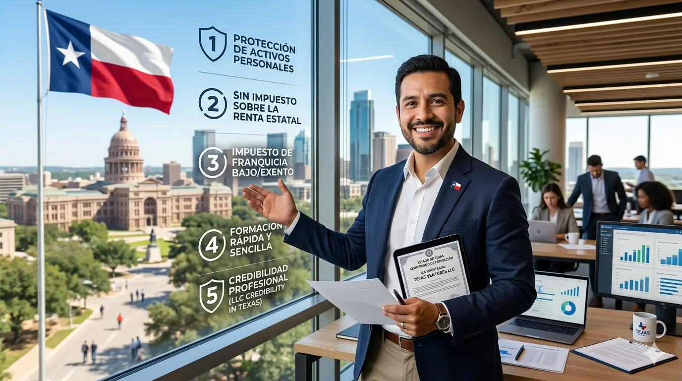 Empresario en oficina mostrando los beneficios de registrar una LLC en Texas frente al capitolio estatal