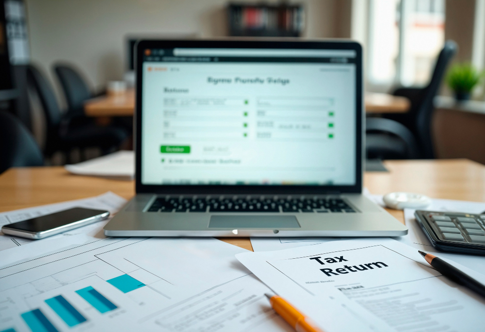 Oficina de taxes personales en Katy Texas con laptop, documentos fiscales y calculadora sobre escritorio.