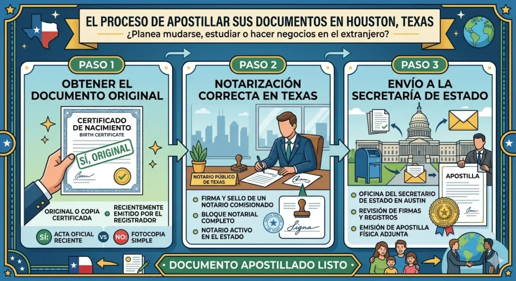 Infografía del proceso de apostillar sus documentos en Houston, Texas en tres pasos