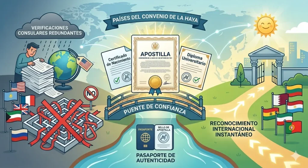Infografía que explica qué es una apostilla y cómo valida documentos para reconocimiento internacional