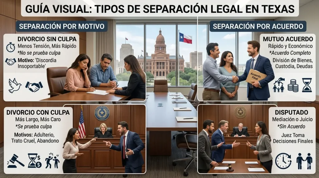 Guía visual sobre tipos de divorcios en Texas: sin culpa, con culpa, por mutuo acuerdo y disputado.