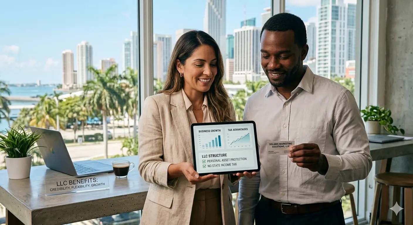 Profesionales muestran en una oficina los beneficios reales de una LLC, como protección patrimonial y ventajas fiscales.