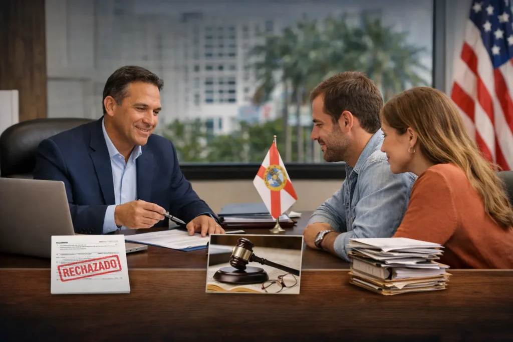 Asesor profesional orienta a una pareja sobre el registro de una LLC en Florida frente a documentos y trámites legales.