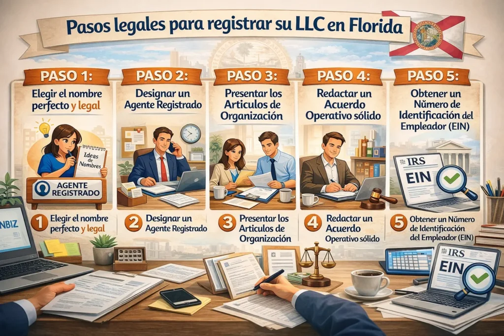 Infografía con pasos legales para registrar su LLC en Florida: nombre, agente registrado, artículos, acuerdo operativo y EIN.