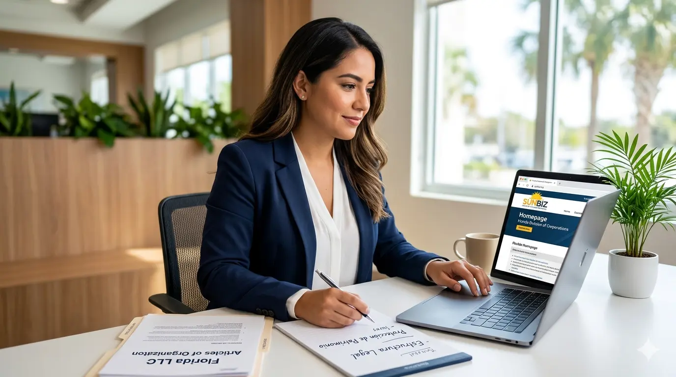 Mujer completando el registro de una LLC en Florida desde una laptop en una oficina.